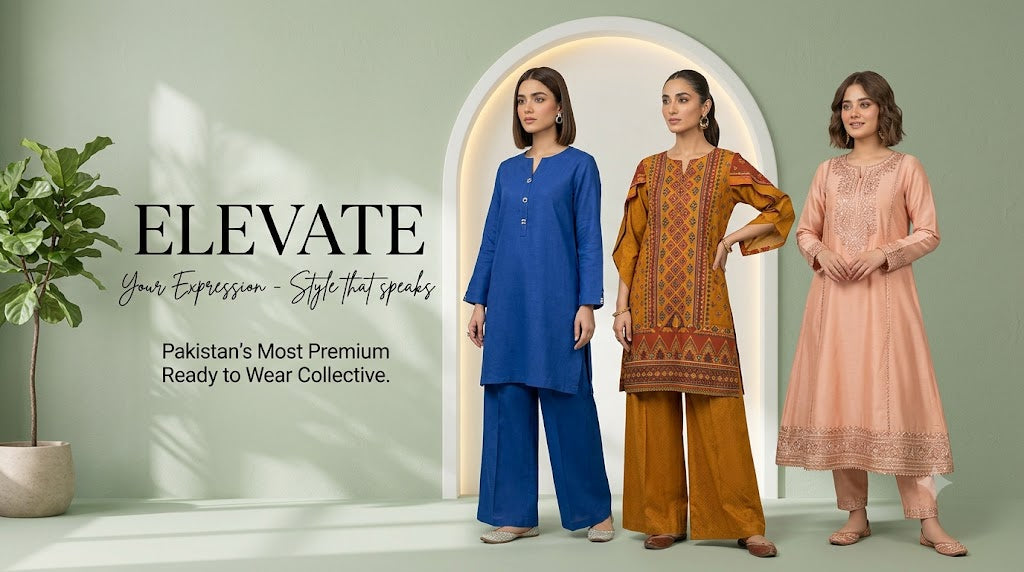 Elevate Your Expression – Pakistan's Most Premium Ready to Wear Collective by Libas Stop, featuring three women in stylish kurta sets